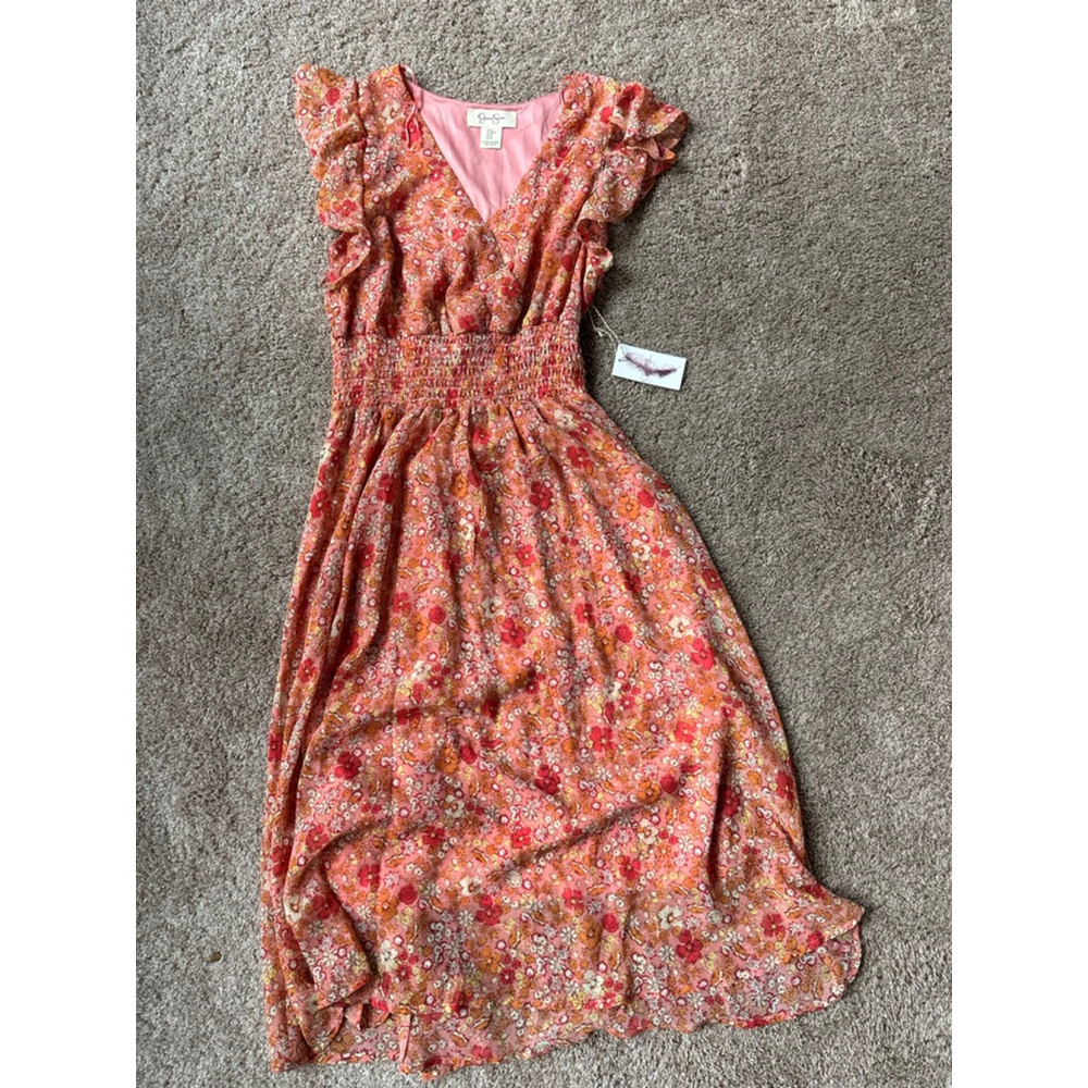 Women's Jessica Simpson M Coral Orange Floral Smocked Midi Dress